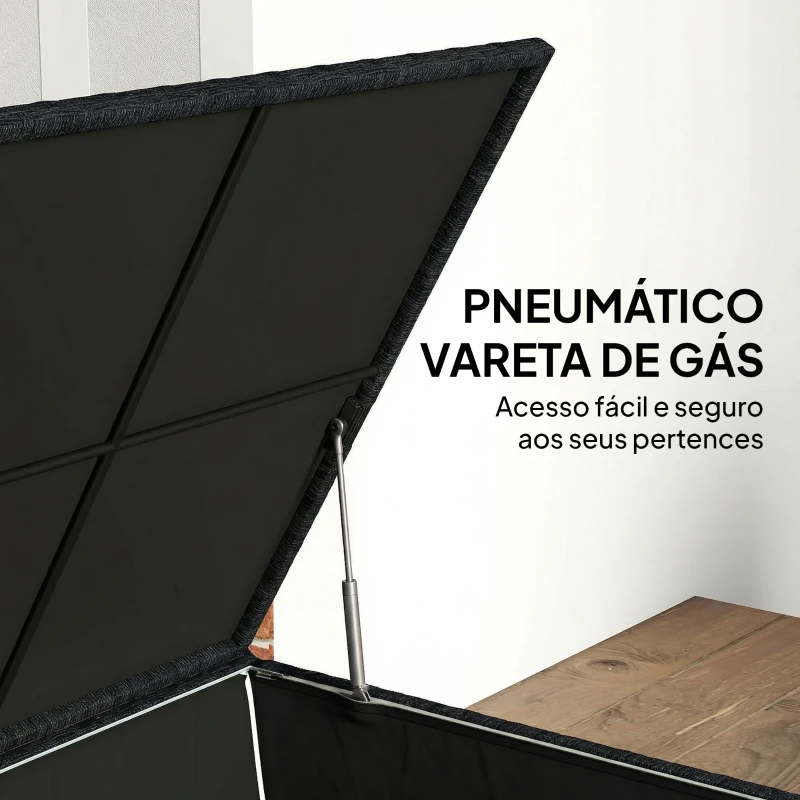 Outsunny Baú de Armazenamento Exterior de Ratã de 253L com Vara Hidráulica Forro com Fecho e Estrutura de Aço Preto