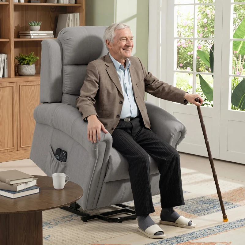 HOMCOM Fotoliu Power-Lift relax cu masaj prin vibrații și funcție de încălzire, fotoliu cu ridicare, port USB, buzunare laterale și telecomandă, Gri deschis