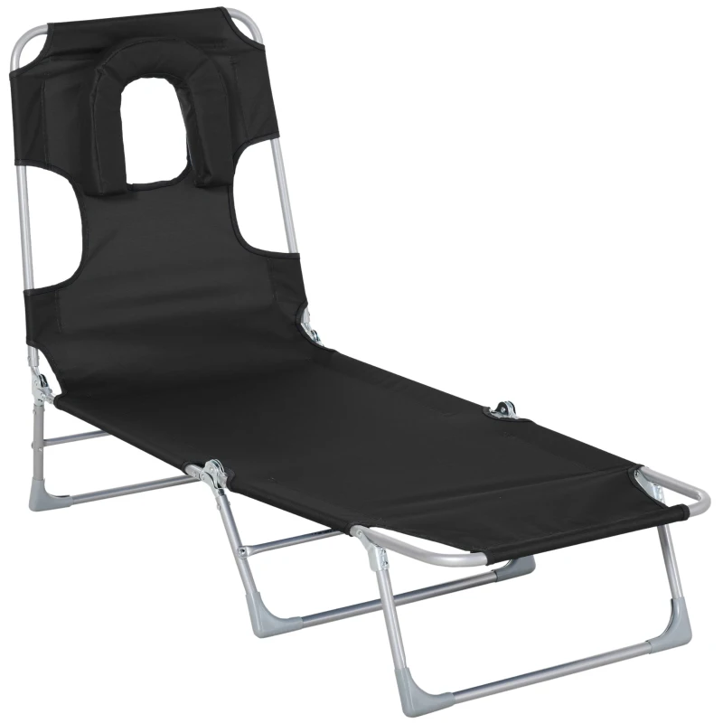 Outsunny Espreguiçadeira de Jardim Reclinável e Dobrável com Orifício de Leitura Apoio para Cabeça e Encosto Ajustável em 4 Níveis para Praia 182x56x24,5 cm Preto