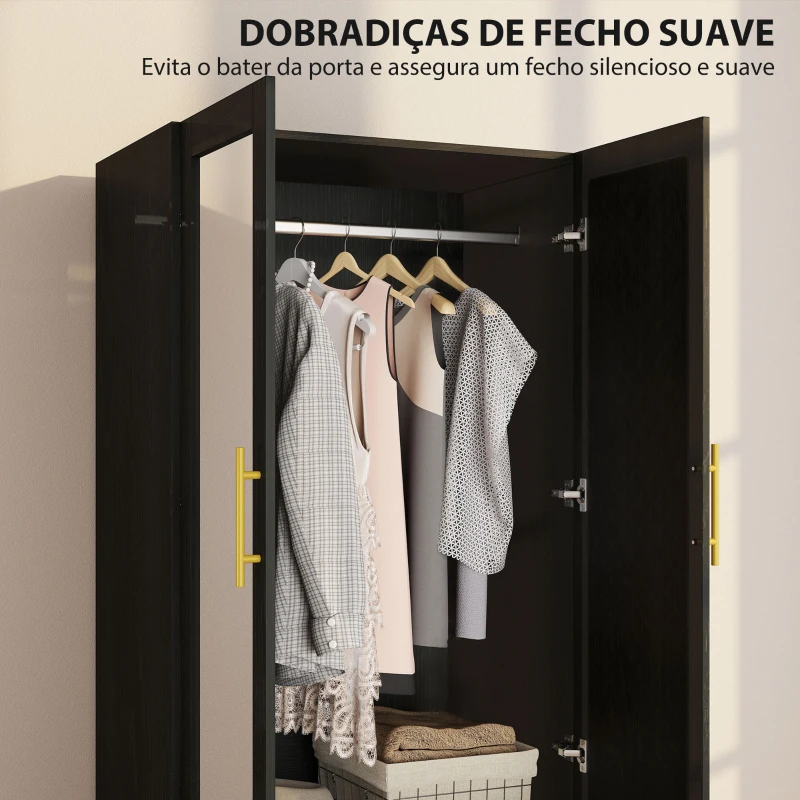 HOMCOM Roupeiro com Espelho 2 Portas e 2 Gavetas Relevo de Diamante Barra para Pendurar Estilo Moderno 80x50x180 cm Preto