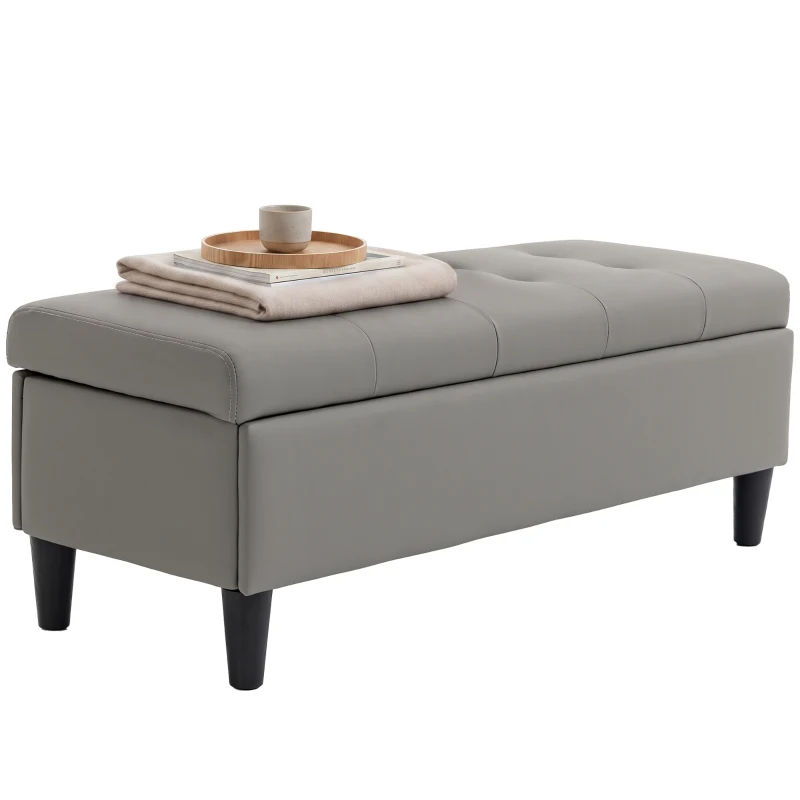 HOMCOM Banc-coffre 136L Pouf de rangement Repose-pieds Grand 110x41x42cm, Simili cuir adapté aux animaux Gris