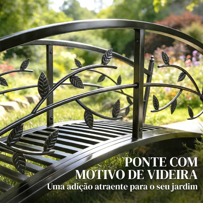 Outsunny Ponte de Jardim Metálica 1,2 m Ponte Decorativa para Lagos com Corrimãos de Segurança e Design de Folhas Preto