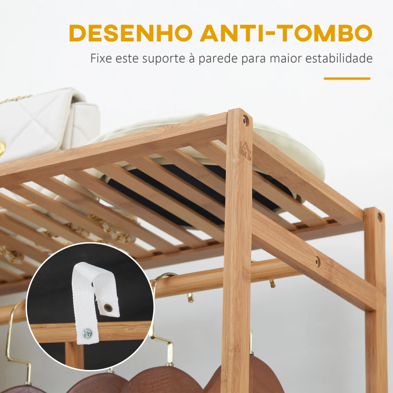 HOMCOM Suporte para Cabides de Bambu com Prateleira de Armazenamento de 6 Níveis e Vara Supensa 90x30x145 cm Madeira