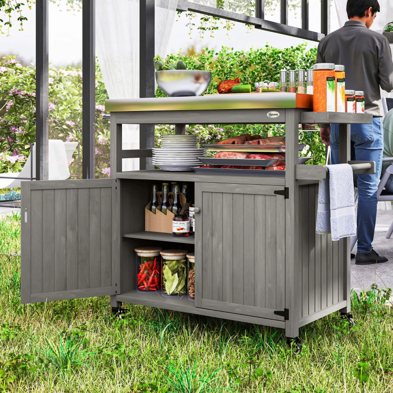 Outsunny Outdoor-Kücheninsel, Grillwagen mit Schrank und Regalen, Küchenwagen aus Holz und Edelstahl, mit Rollen, Grau