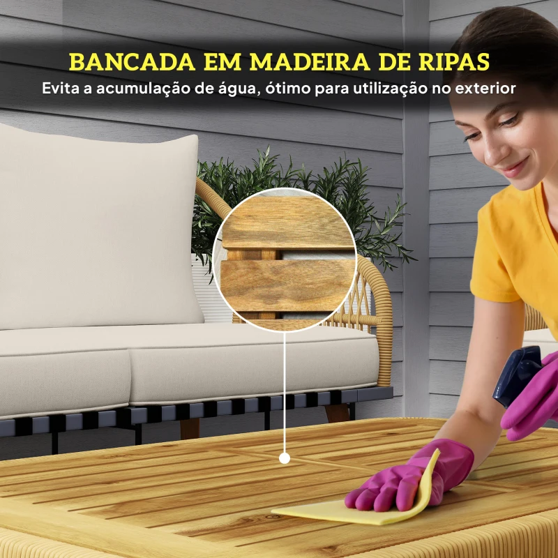 Outsunny Conjunto de Jardim em Vime com Almofadas Móveis de Exterior com 2 Poltronas Sofá de 3 Lugares Mesa Creme e Madeira