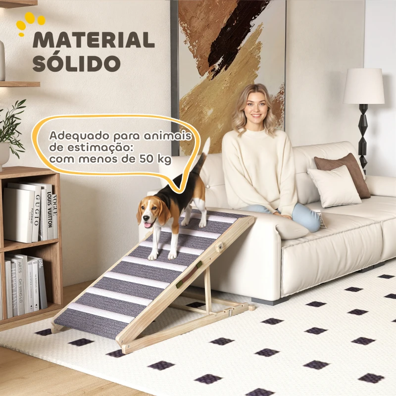 PawHut Rampa Dobrável para Cães com Altura Ajustável 35-50 cm e Tapete Antiderrapante 100x50x50 cm Madeira e Cinza