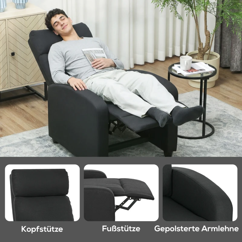 HOMCOM Relaxsessel, verstellbar 135°, ausziehbare Fußstütze, gepolsterte Lehnen, Leinen-Polyester, Schwarz(m-6)