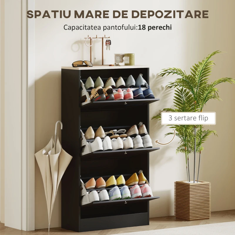 HOMCOM Dulap pentru pantofi economisitor de spațiu, cu 3 sertare și rafturi reglabile pe 2 niveluri, din lemn, 60x23,5x115 cm, negru