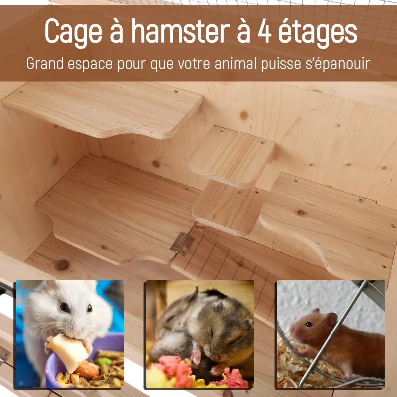 PawHut Cage pour hamsters souris petits rongeurs multi-niveaux 5 étages 10 plateformes bois de pin 60 x 40 x 120 cm