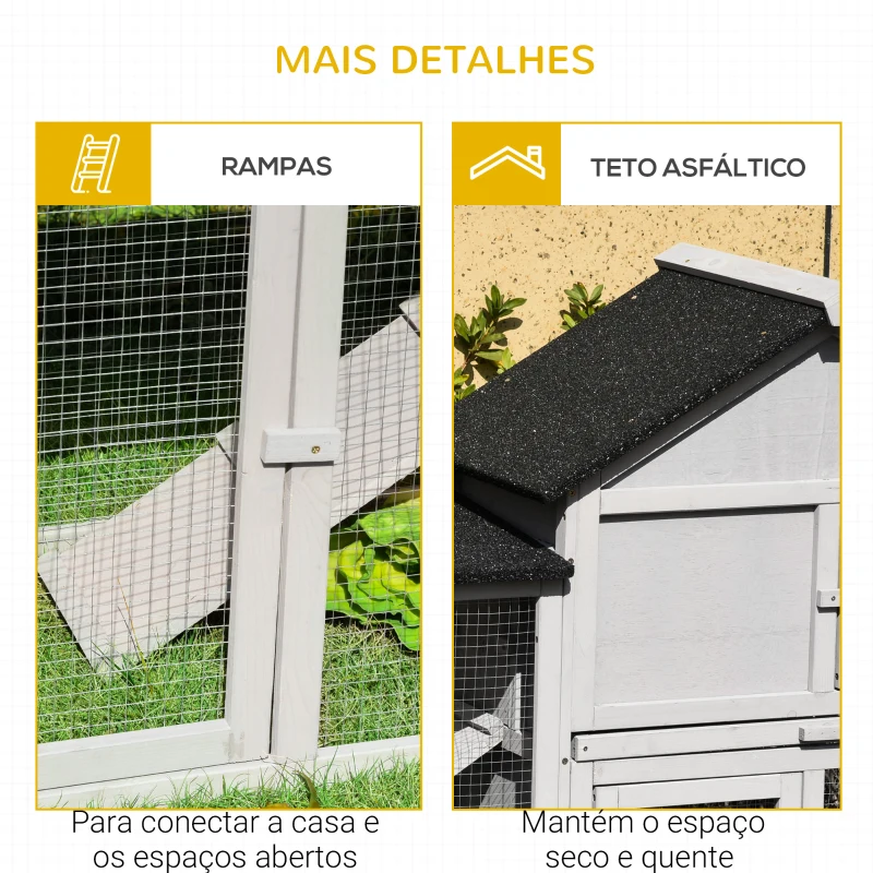 PawHut Coelheira de Exterior Grande Gaiola de Madeira para 2-4 Coelhos com Teto Asfáltico Recinto de Arame Bandeja Removível e Rampas 210x45,5x84,5cm Cinza e Preto