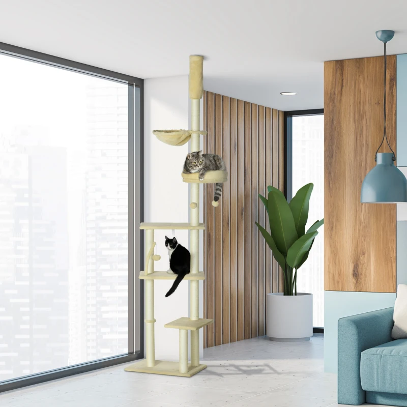 PawHut Árbol para Gatos de Suelo a Techo de 230-250 cm con Altura Ajustable Múltiples Plataformas Cestos Hamaca Bolas Beige