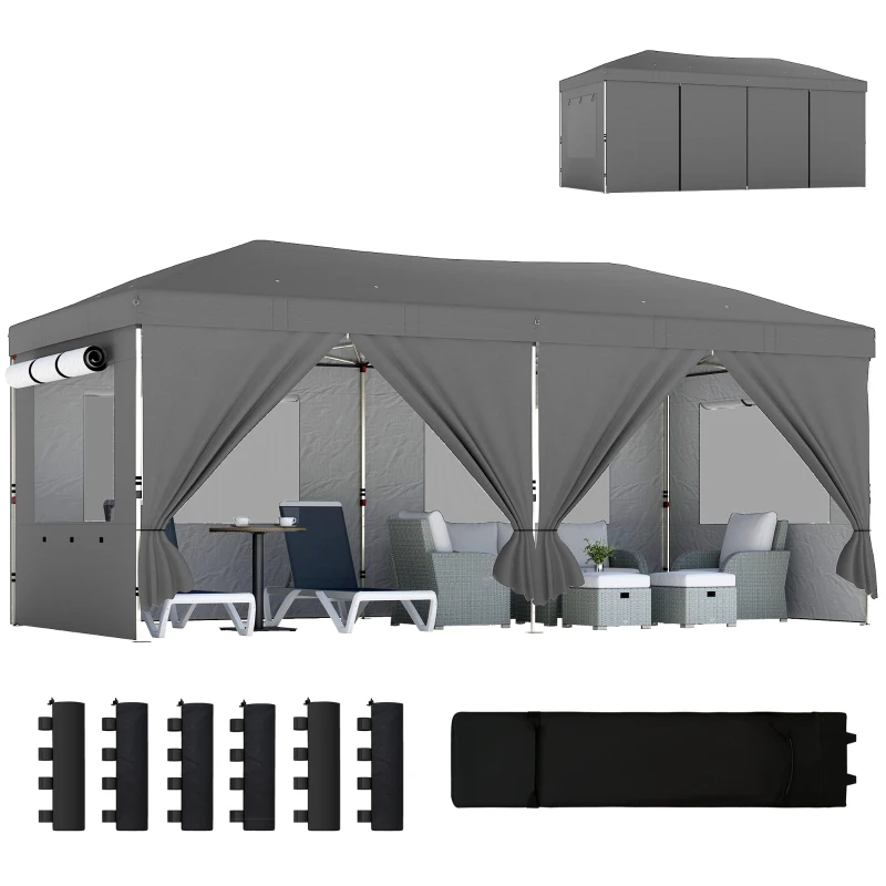 Outsunny Foișor Pliabil 3x6m Pop-Up cu 6 Pereți Laterali, Foișor de Grădină Reglabil pe Înălțime cu Saci de Nisip, Geantă cu Roți, UV50+ pentru Exterior, Gri Închis