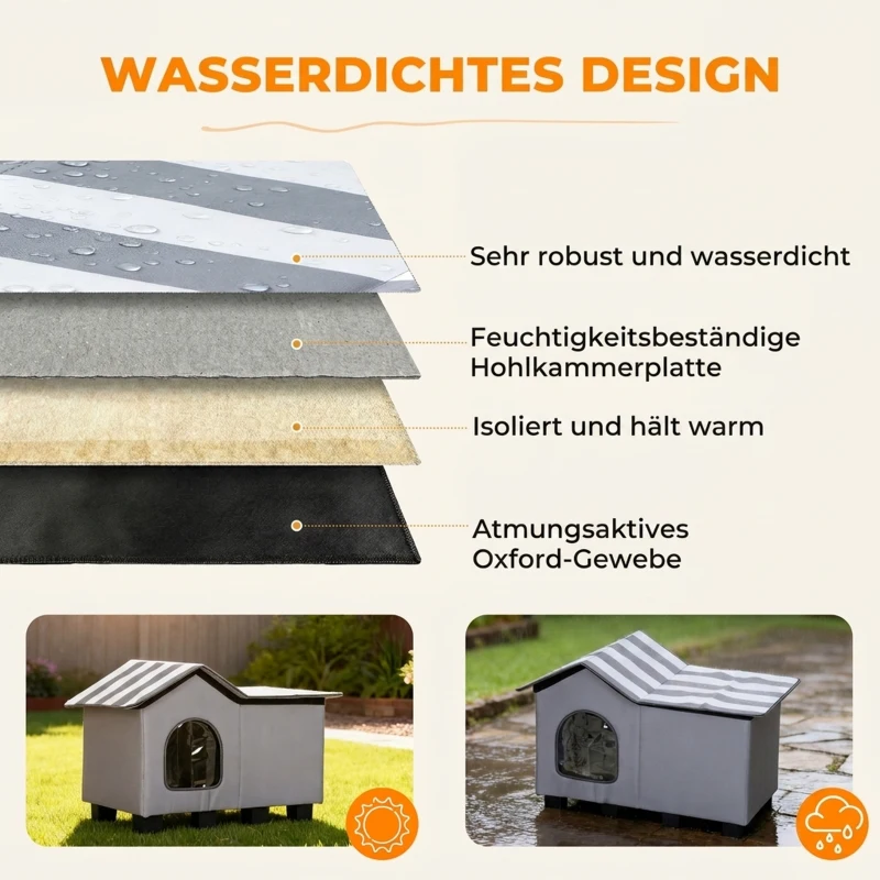 PawHut Katzenhaus Wasserabweisend Katzenhütte mit Abnehmbar Satteldach Wärmeisolierung Plattform 70x43x45 cm Oxforfstoff Grau