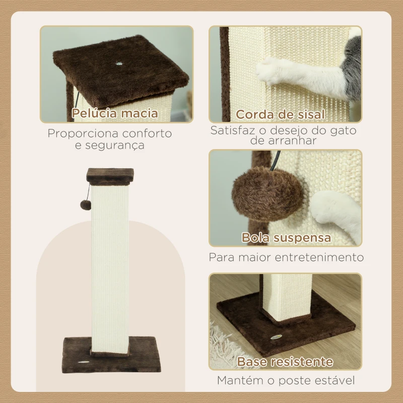 PawHut Poste Arranhador para Gatos Altura 81 cm Arranhador para Gatos com Poste de Sisal e Bola Suspensa 41x41x81 cm Marrom