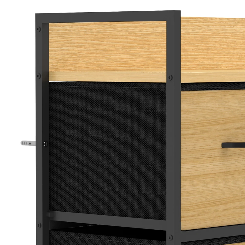 HOMCOM Commode, meuble de rangement avec 5 tiroirs en tissu pliables, plateau et cadre en acier, 98 x 29 x 63 cm, chêne