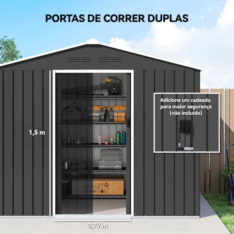 Outsunny Abrigo de Jardim Exterior 3,6 m² 236x171x191 cm com Portas Deslizantes e Aberturas de Ventilação Cinzento Escuro