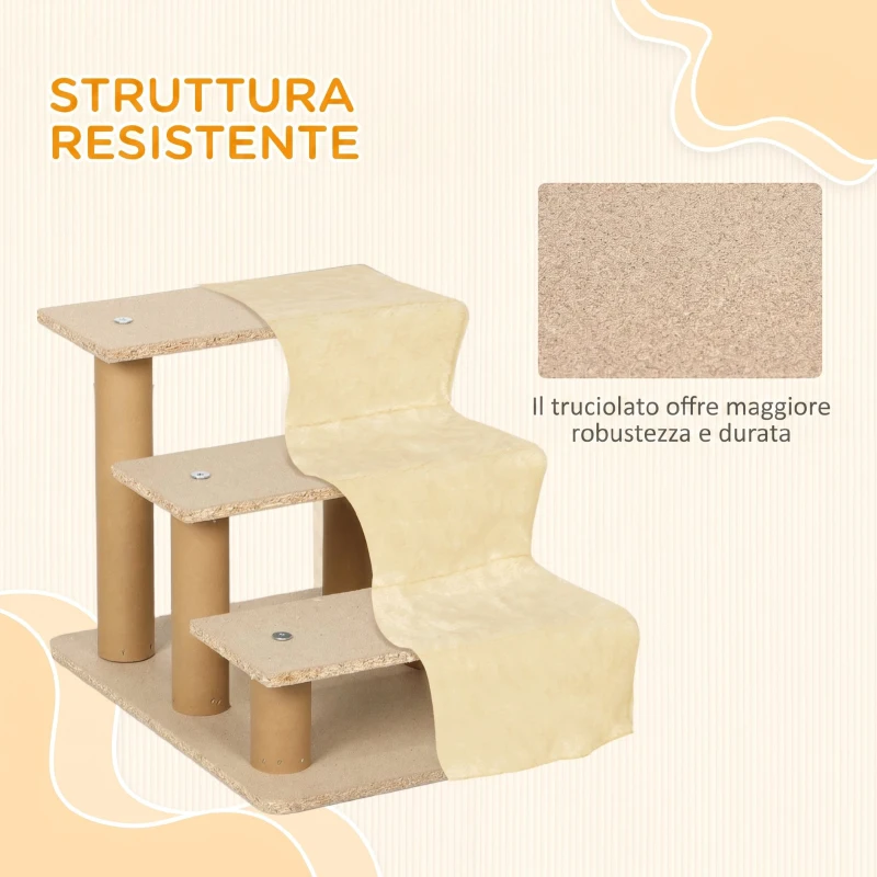 PawHut Scala per Cani a 3 Gradini, Scaletta per Cani e Gatti di 4.5 kg in Velluto Sfoderabile e Lavabile, Beige