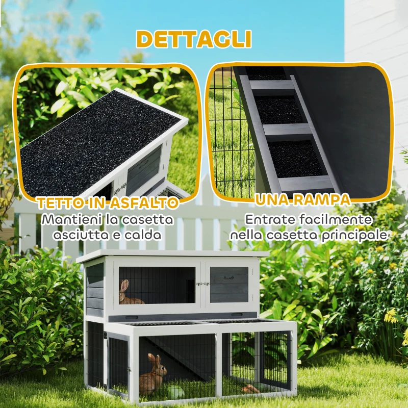 PawHut Conigliera a 2 Livelli con Vassoio Estraibile in Legno di Abete e Acciaio, 122x95x93.5 cm, Multicolore