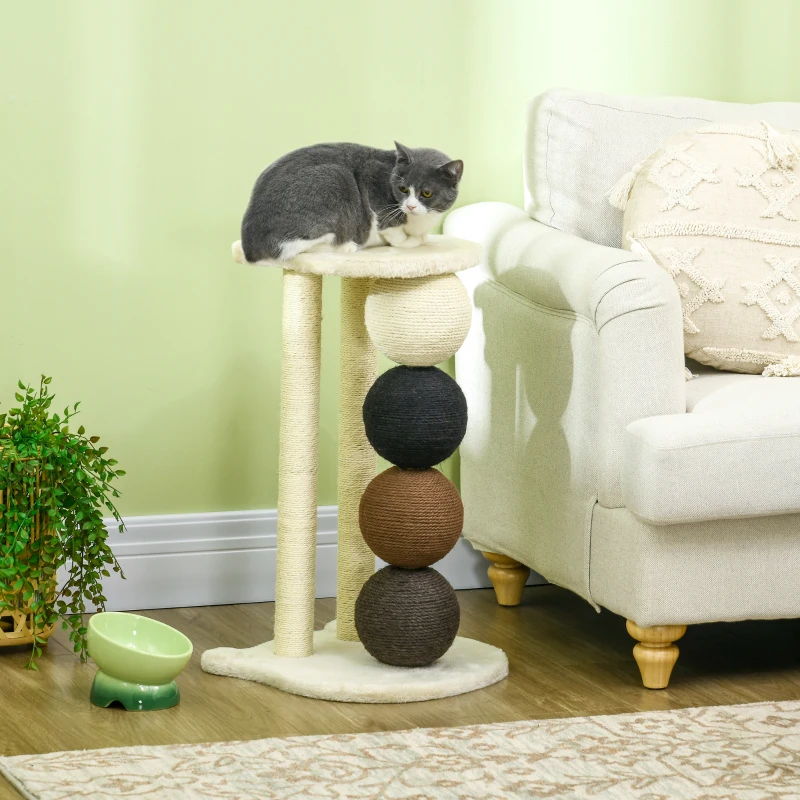 PawHut Kratzsäule für Katzen, Katzenkratzbaum Kratzbaum mit Plattform, Kratzstamm mit 2 Sisalpfosten und 4 Sisalbällen, Katzenkratzer Spielzeug, 38 x 38 x 64 cm