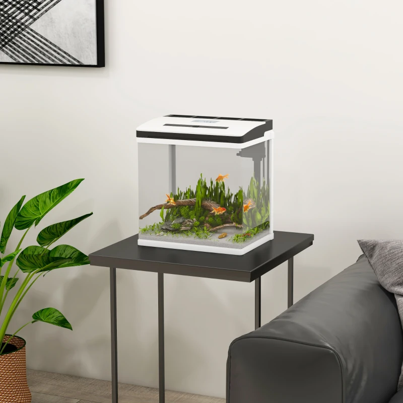 PawHut Aquário de Cristal de 13L Aquário Pequeno com Sistema de Filtração Iluminação LED e Bomba de Água 29x20x30,5 cm Branco