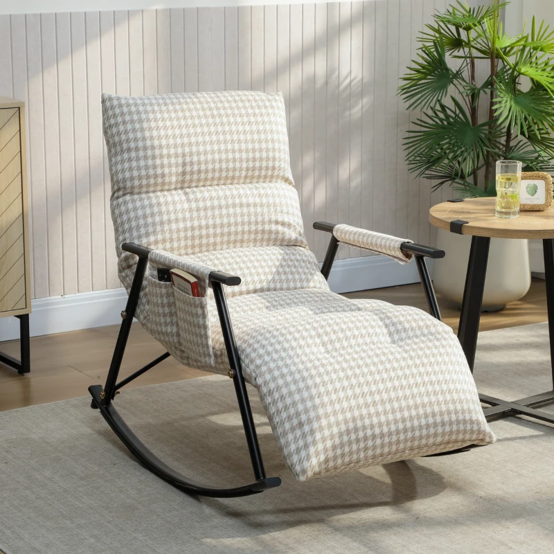 HOMCOM Poltrona Baloiço com Encosto e Apoia-Pés Ajustáveis 105° Estofada em Linho com Bolso Lateral Cinzento e Branco