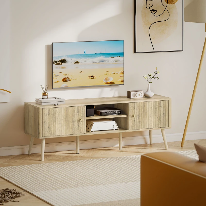 HOMCOM Meuble TV, meuble télé jusqu'à 65 pouces avec 2 portes, 2 compartiments ouverts, étagère réglable, 140x35x49cm, chêne