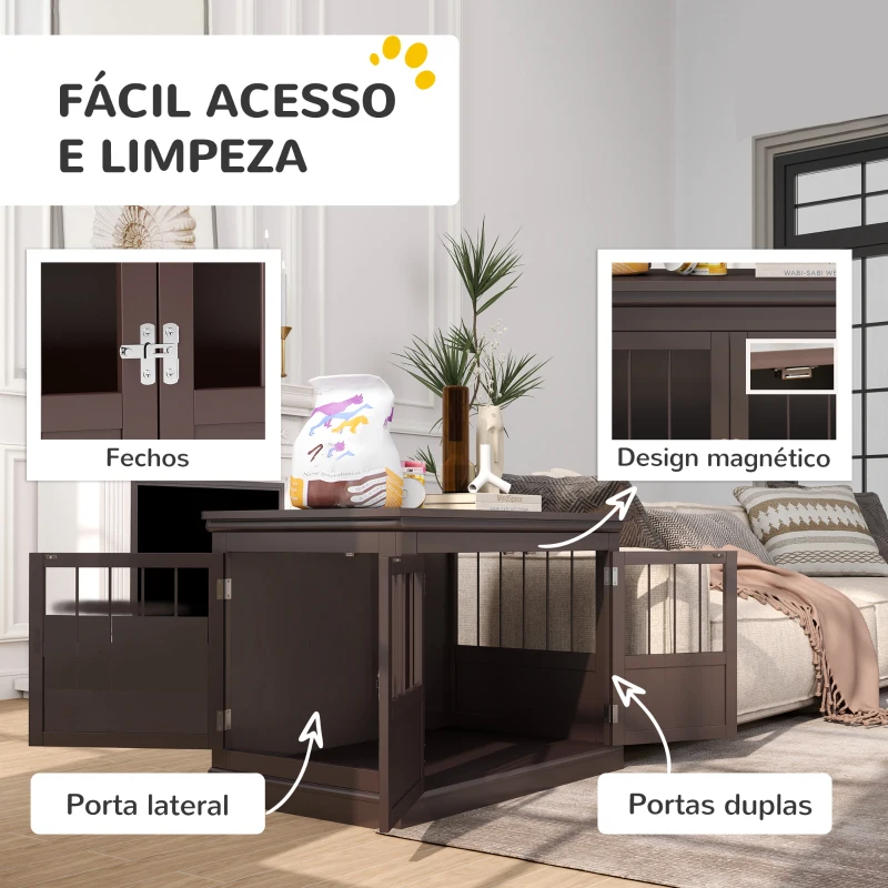 PawHut Gaiola para Cães com Mesa Auxiliar 3 Portas Francês e Fecho Magnético para Cães Pequenos 78x53x59,3 cm Castanho