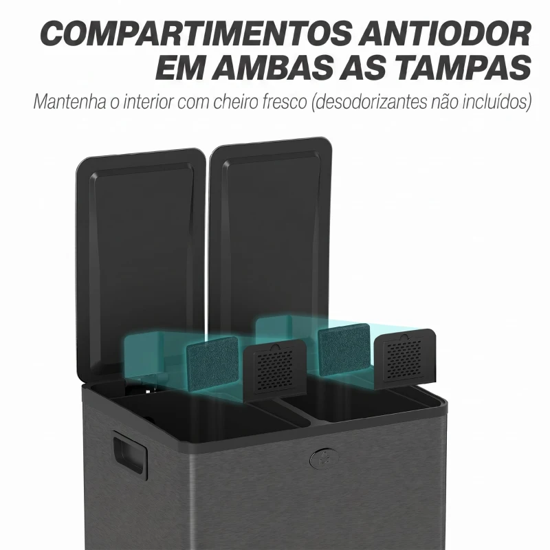 HOMCOM Papeleira de Cozinha em Aço Inoxidável com 2 Compartimentos 2x20L Pedal, Tampas de Fecho Suave e Balde Removível Preto