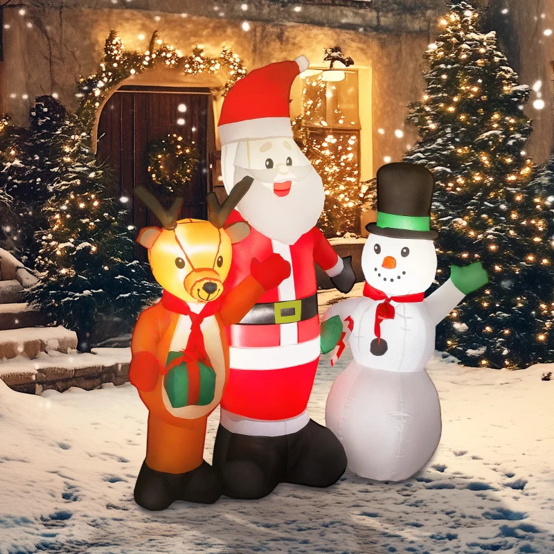 Outsunny Pai Natal Insuflável com Rena e Boneco de Neve Decoração de Natal Insuflável com Luzes LED 150x45x150 cm Multicor