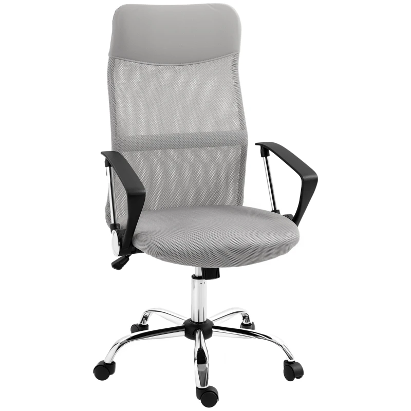 HOMCOM Cadeira de Escritório de Tecido de Malha Encosto para a Cabeça de PU Mecanismo de Inclinação 63x65x109-119 cm Cinza
