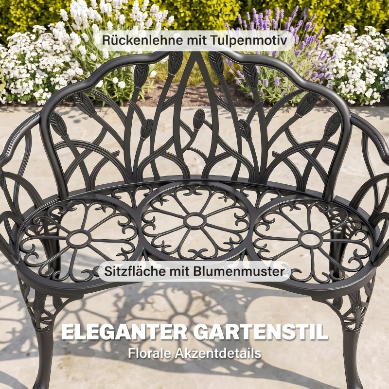 Outsunny Gartenbank 2-Sitzer Gussaluminium wetterfest Outdoor Sitzbank mit Tulpen-Rückenlehne Blumenmotiv 99 x 57 x 78 cm