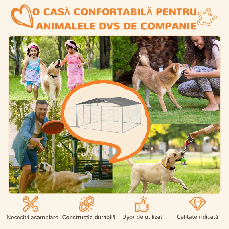 PawHut Țarc pentru Câini din Metal cu Acoperiș din Material Oxford și Ușă cu Închidere, 4x4x2,3m(m-7)