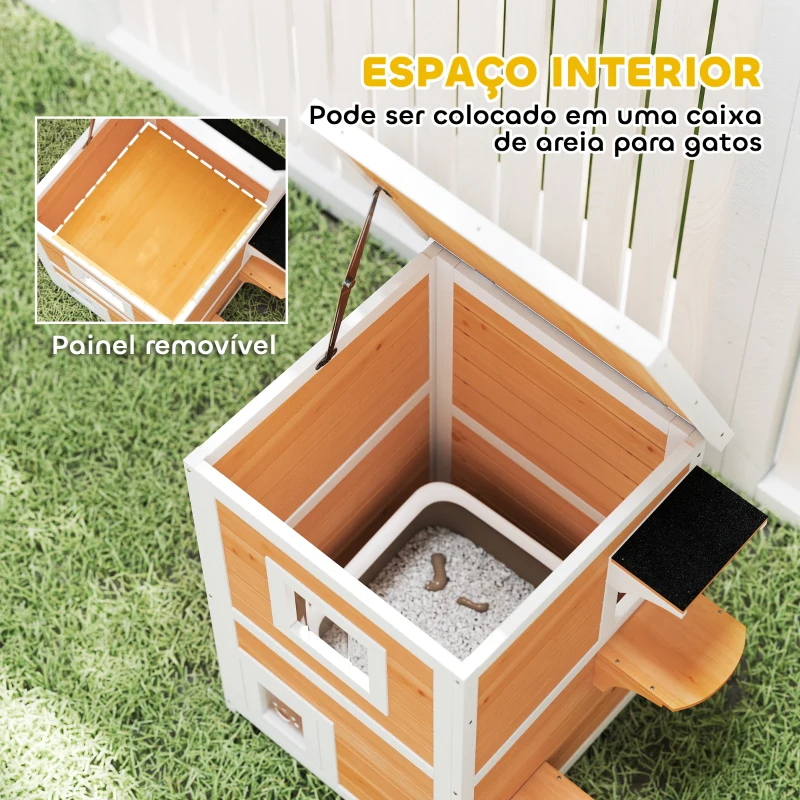 PawHut Casa para Gatos Exterior em Madeira 2 Níveis com Telhado Basculante Painel Central Removível  51x51x81,3 cm Madeira