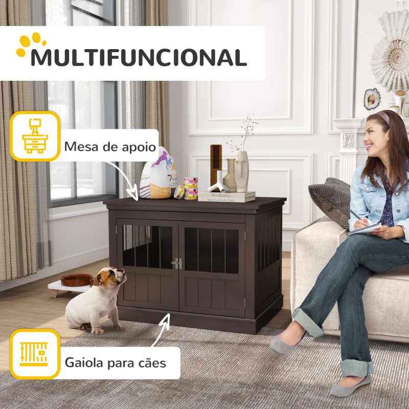 PawHut Gaiola para Cães com Mesa Auxiliar 3 Portas Francês e Fecho Magnético para Cães Pequenos 78x53x59,3 cm Castanho