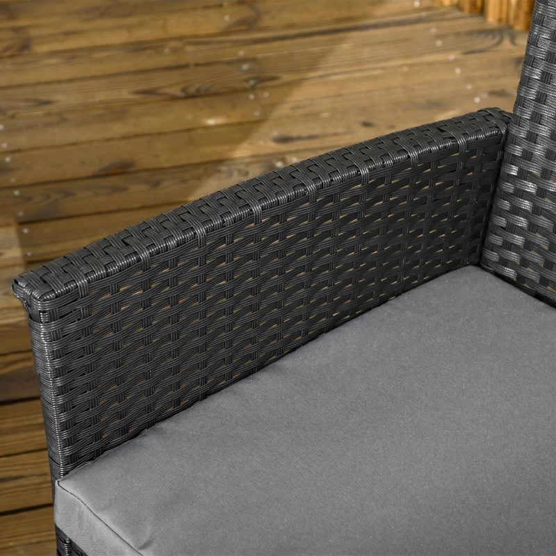 Outsunny Set Exterior Rattan PE cu Canapea, 2 Fotolii cu Perne și Măsuță din Sticlă, Negru și Gri