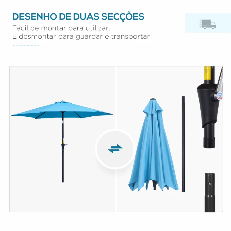 Outsunny Chapéu de Sol de Jardim Ø260x235 cm Chapéu de Sol Reclinável com Manivela Mastro Desmontável em Alumínio e 6 Varetas de Metal  Azul