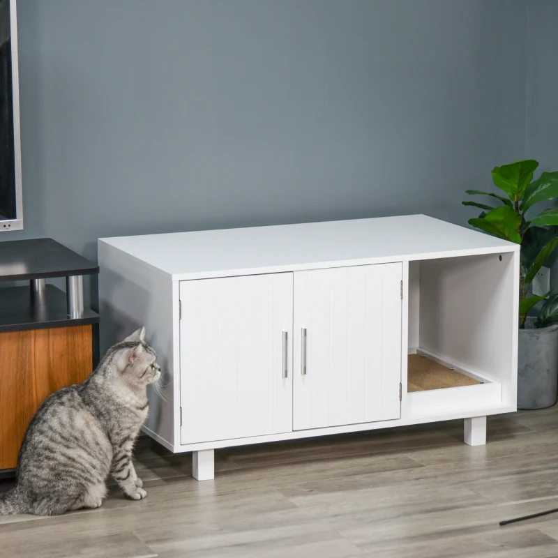 PawHut Maison de toilette pour chat, meuble 2 portes, compartiment griffoir, table d'appoint, 50,5H x 91L x 52l cm, MDF, blanc