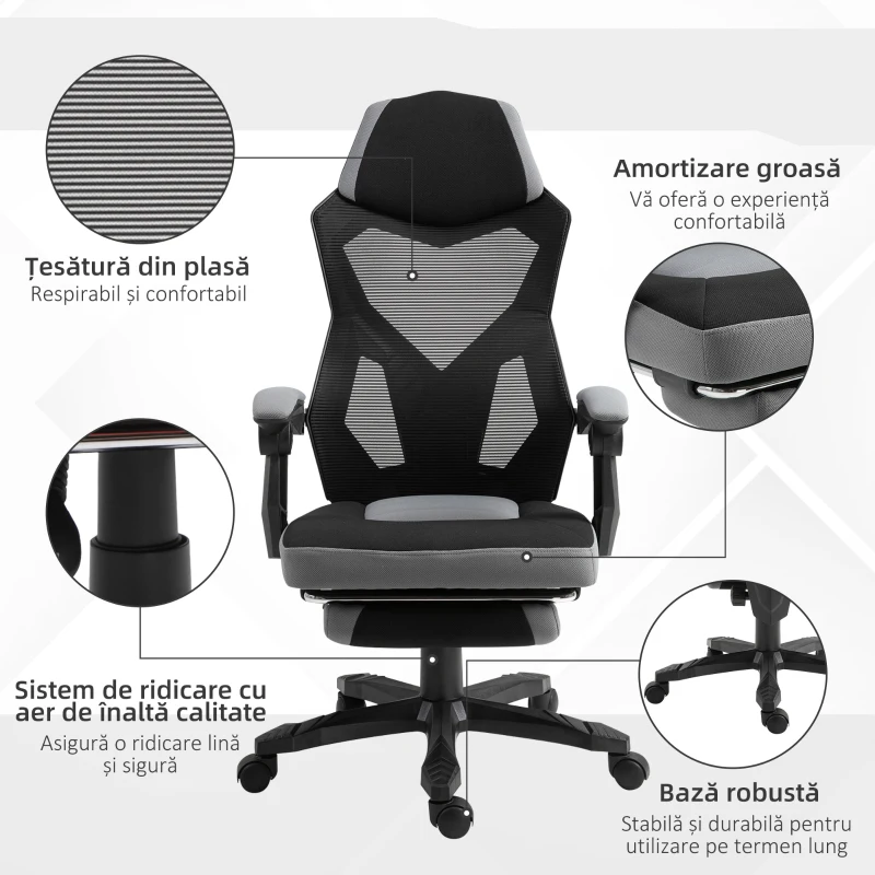 Vinsetto Scaun de Birou Ergonomic cu Spătar Reclinabil, Suport Picioare Retractabil, Înălțime Reglabilă, Gri