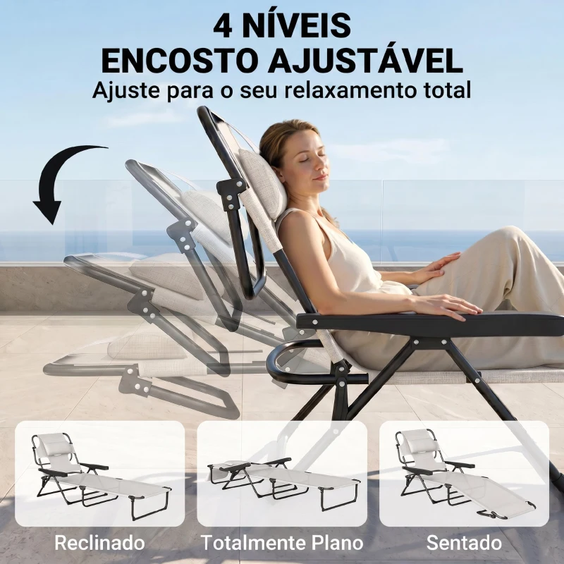 Outsunny Espreguiçadeira de Jardim Dobrável com Encosto Ajustável em 4 Níveis, Orifício de Leitura e Apoio de Cabeça 145x72x89 cm Creme