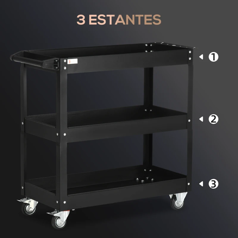 DURHAND Carro de Herramientas con Ruedas 3 Estantes y Asa Lateral para Garaje Mecánico Hogar 83x35,3x76 cm Negro