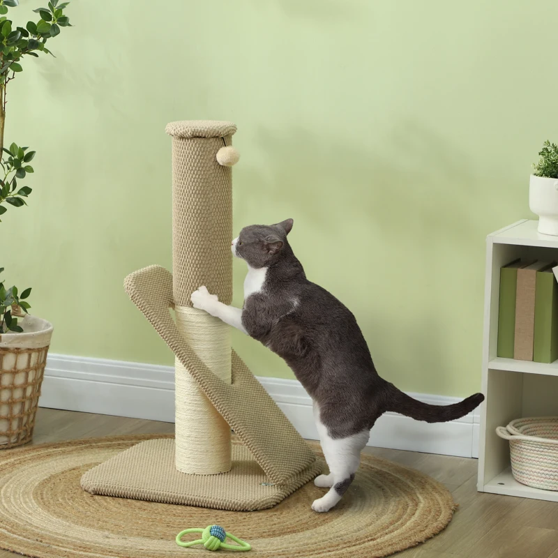 PawHut Kratzbaum für Katzen, mit Pad, Säule und Spielball, Teppich und Sisal, 84 cm, Hellbraun