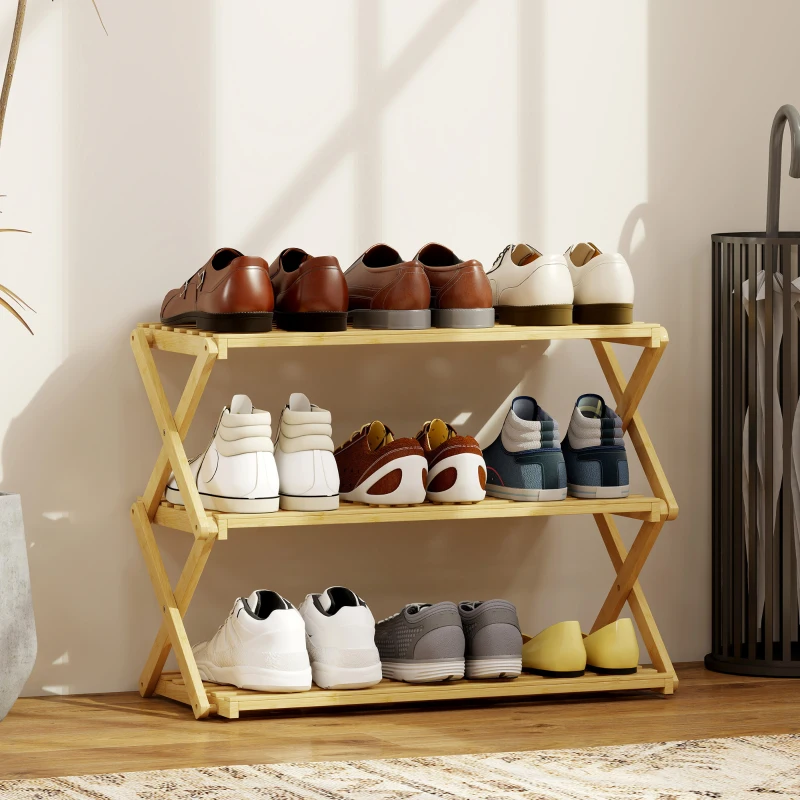 HOMCOM Sapateira Estreita de Bambu Dobrável de 3 Níveis para Entrada Corredor Quarto 60x29x45,5 cm Madeira