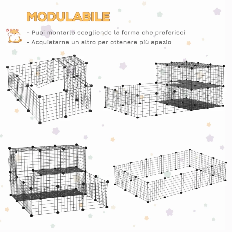 PawHut Recinto per Conigli Modulabile in Metallo con Scaletta e Accessori Montaggio, 175x105x70cm - Nero