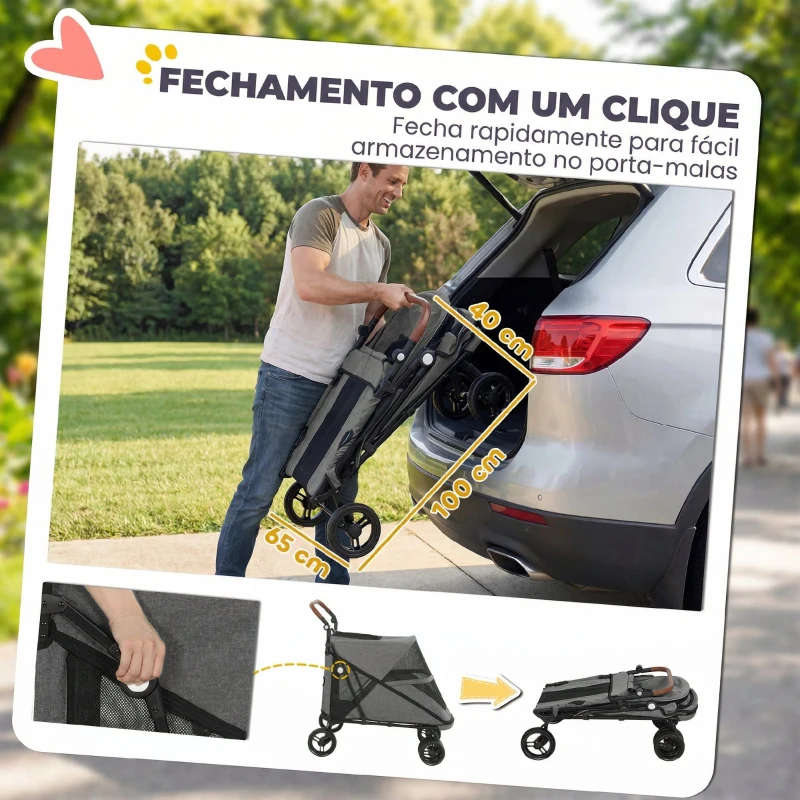 PawHut Carrinho para Cães Dobrável com um Botão até 30 kg com Suspensão em 4 Rodas Giratório e Travão de Pé Cinzento