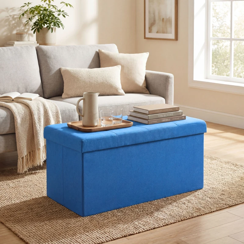 HOMCOM Puff de Armazenamento Banco de Armazenamento Dobrável 84 L 76x38x38 cm Estofado em Linho Sintético Azul Claro