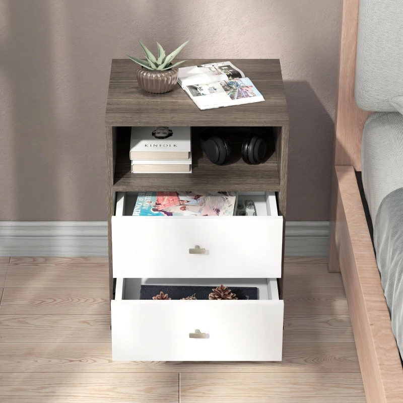 HOMCOM Set de 2 noptiere moderne pentru dormitor cu 2 sertare și spațiu deschis, 40x34x64cm, gri