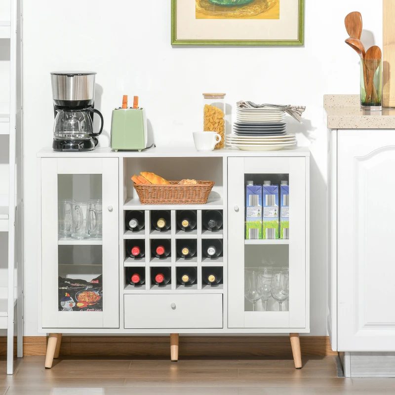 HOMCOM Küchenschrank Sideboard Küchenmöbel mit Glastüren Schublade und 12-Flaschen Weinregal für Esszimmer Küche Spanplatte Hartholz Weiß 100 x 33 x 80 cm