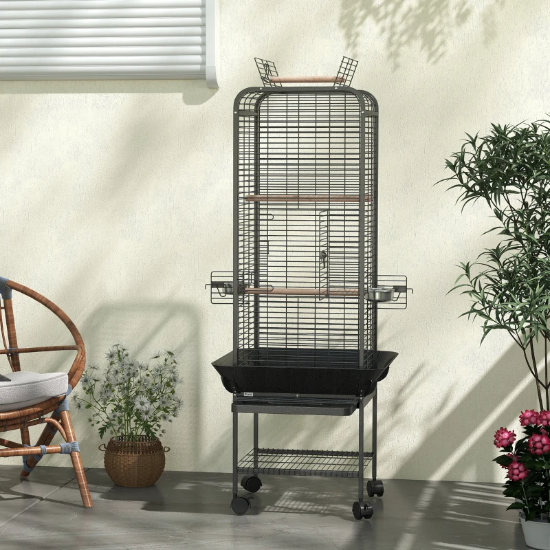 PawHut Gaiola para Pássaros com Rodas Poleiros Comedouros Prateleira e Bandeja Amovível 62,5x62,5x146 cm Cinza Escuro