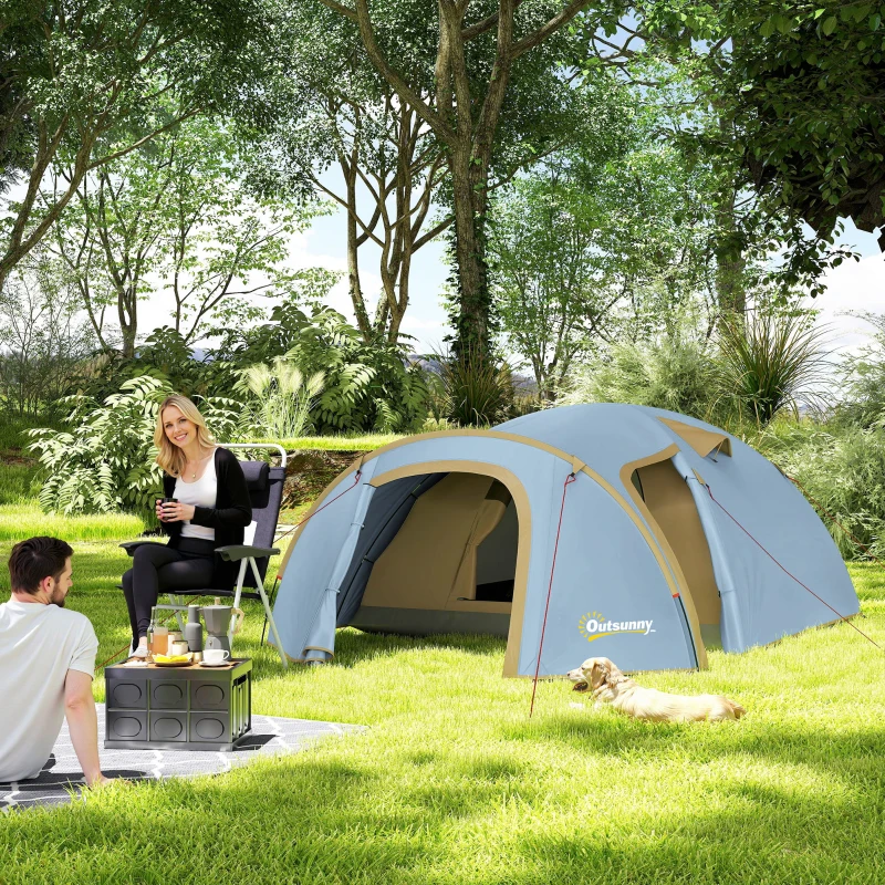 Outsunny Campingzelt für 4 Personen, wasserdicht Tunnelzelt mit 2 Türen Haken Packtasche 3,45 x 2,4 x 1,3 m Hellblau