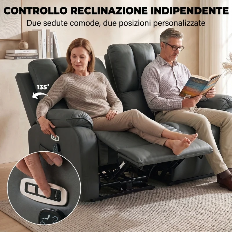 HOMCOM Divano 2 Posti Reclinabile Elettrico 135°, Massaggio e Riscaldamento, Tessuto Effetto Pelle, Grigio